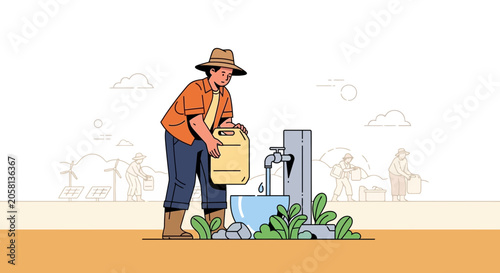 Farmer collecting clean water from a communal tap, sustainable farming