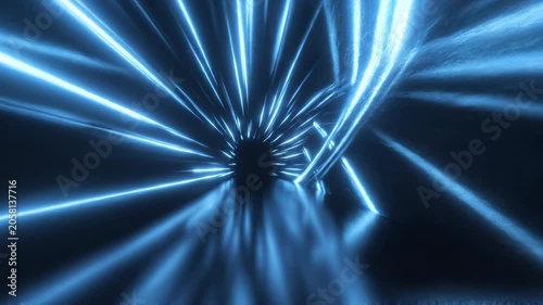 Abstract blue light tunnel with radiant beams.