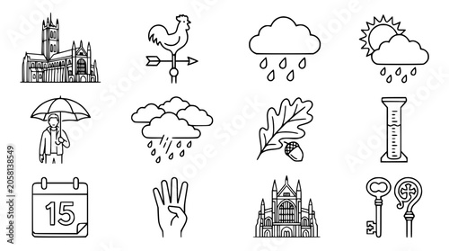 Foto Set of Icons: Cathedral, Weather Vane, Rain, Sun, Umbrella, Oak Leaf, Calendar,