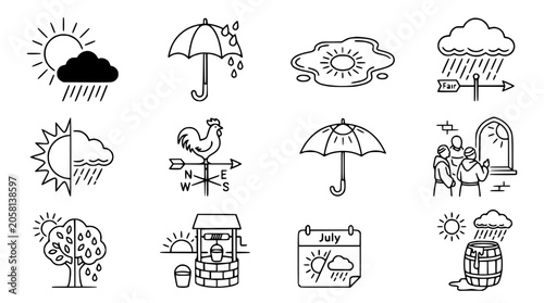 Fotografie Weather Icons Set: Sun, Rain, Umbrella, Clouds, Rooster, Calendar, Well
