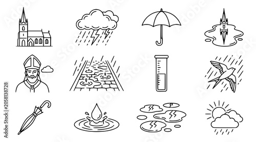 Obraz na plátne Weather Icons Set: Rain, Storm, Umbrella, Church, Pope, Bird, Test Tube, Sun