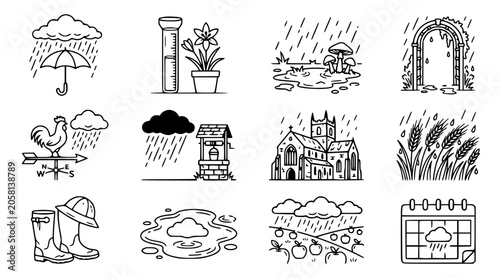 Tableau sur toile Rainy Season Icons: Umbrella, Well, Church, Wheat, Rooster, Garden, Calendar