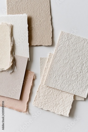 Soft, textured papers in muted earth tones arranged casually