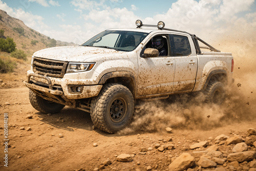 White Off Road Pickup Truck Racing Through Dusty Desert Trail
