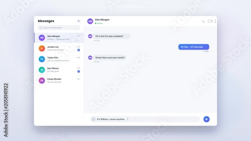 Animated chat messaging app interface with conversation bubbles appearing one by one