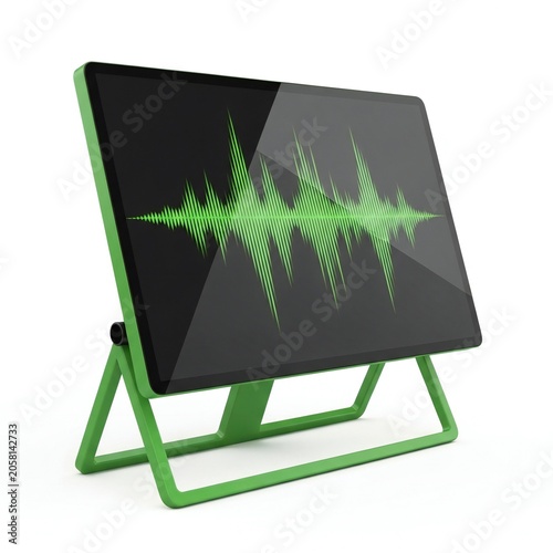 Sound wave visualization on a digital tablet display with green stand isolated on white background