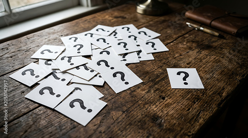 Naklejka Many question mark cards scattered on a wooden table beside a notebook.