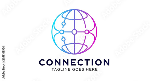Global digital world connection logo design with linear globe network graphic connection communication internet technology business international corporate connectivity infrastructure