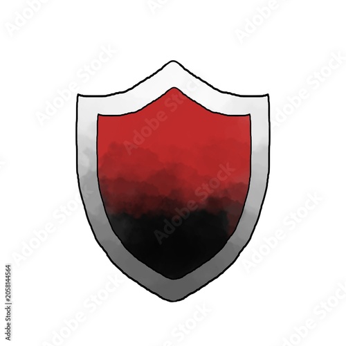 Vector illustration of a classic shield with a red and black watercolor gradient texture background, isolated on white.