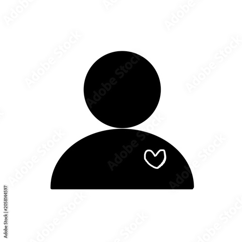 User profile avatar icon with a heart symbol, black silhouette person illustration for dating app or favorite member.