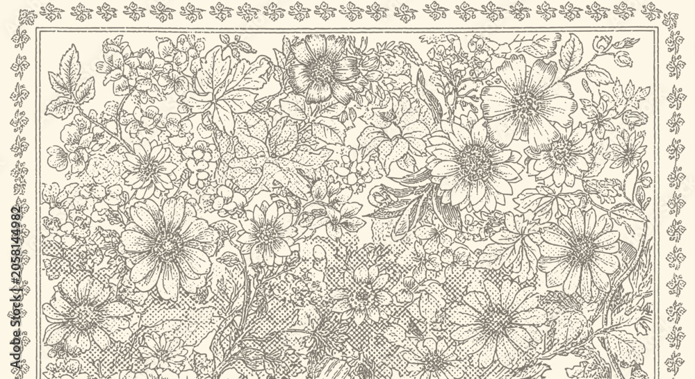 Obraz premium Vintage floral illustration, botanical line art, drawing of flowers with ornate border