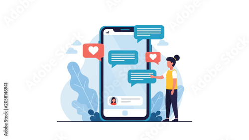 Woman interacting with large smartphone.