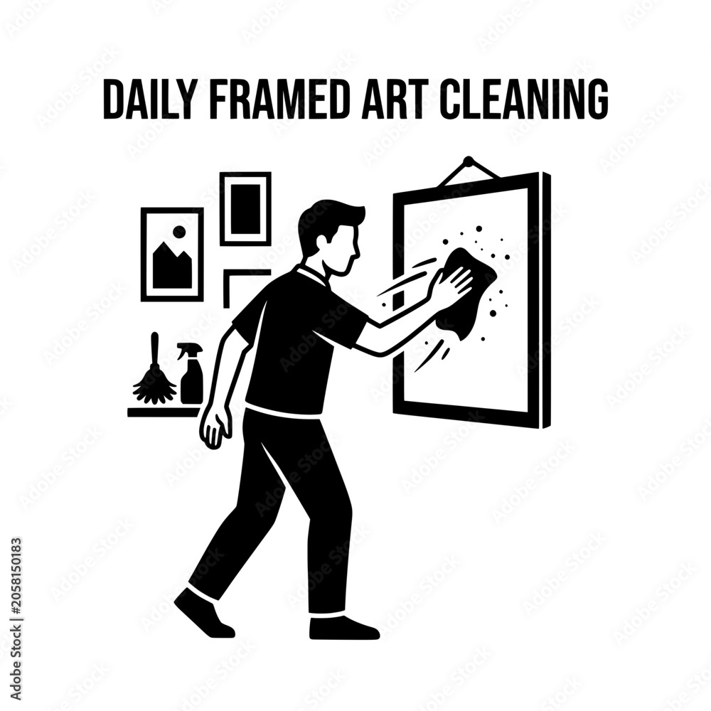 Fototapeta premium Man Cleaning Framed Art with Cloth in Daily Routine.