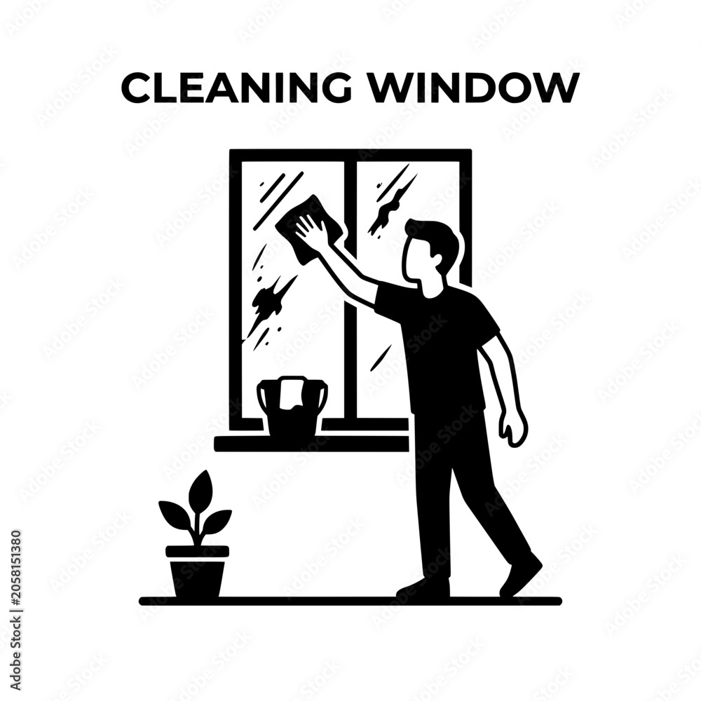 Naklejka premium Man Cleaning Window with Cloth and Bucket Housework Concept.