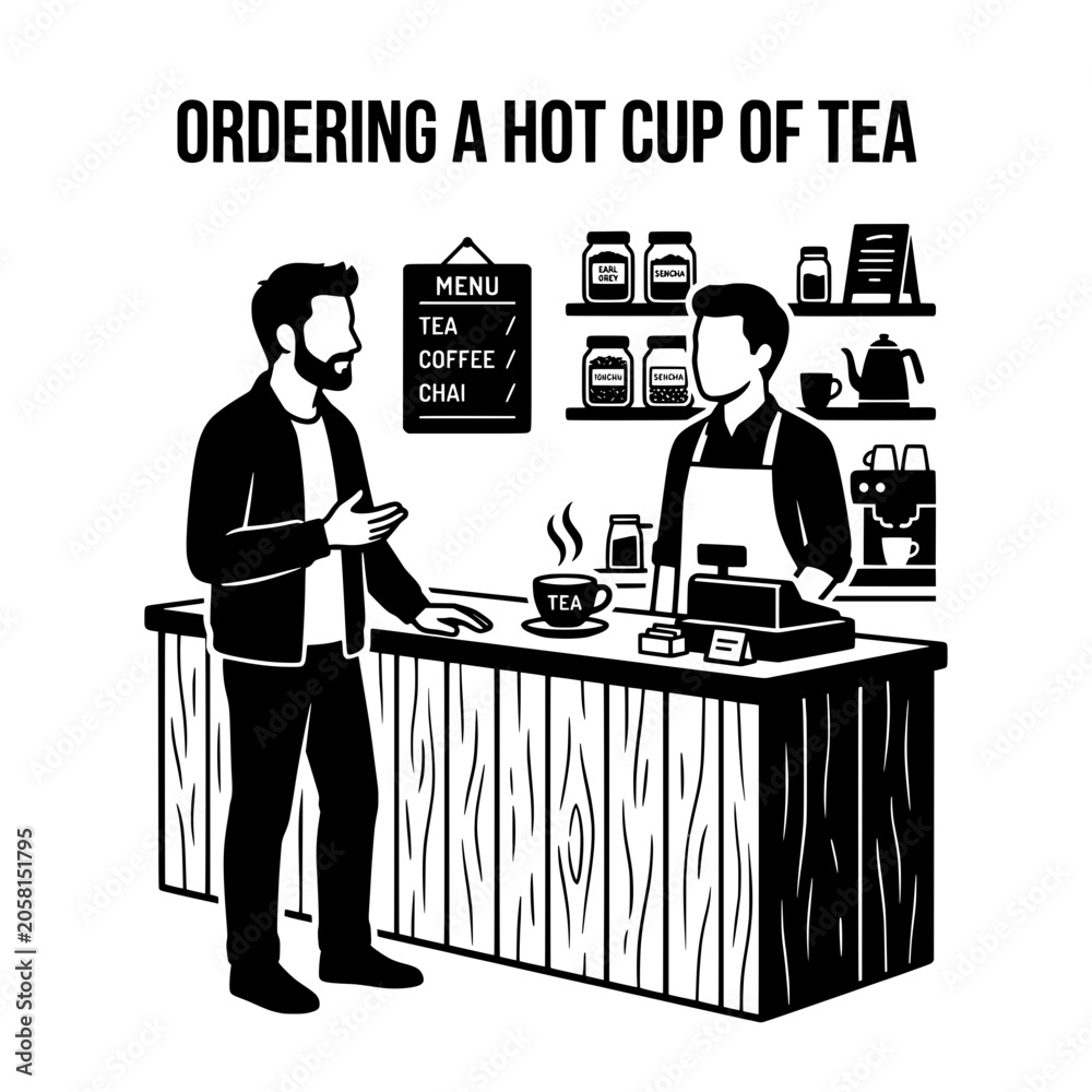 Fototapeta premium Customer Ordering Hot Tea at Cafe Counter from Barista.