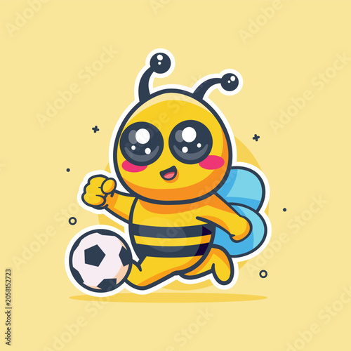cheerful bee animal character mascot playing football isolated cartoon
