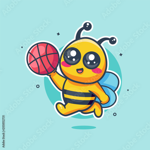 happy bee animal character mascot playing basketball isolated cartoon