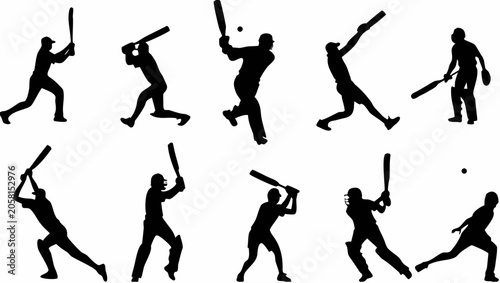 Vector illustration of baseball players swinging bats in various poses on transparent background