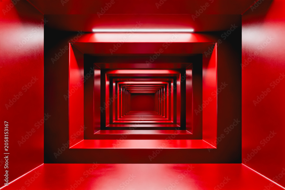 Fototapeta premium A symmetrical, monochromatic red tunnel with recursive geometric frames, illuminated by a linear ceiling light, creating a sense of depth and perspective.