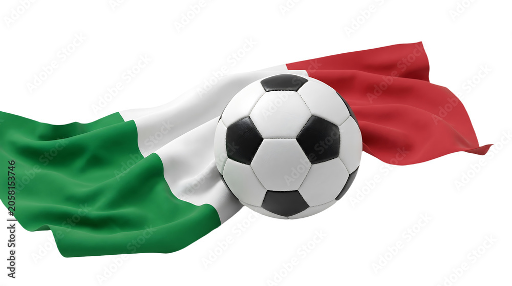 Naklejka premium Soccer ball on the rippling green and red italian flag with football competition athletic championship national patriotism supporter