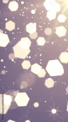 Ethereal close-up video of soft golden and white bokeh lights drifting, sparkling glitter falling against a lavender to bright white gradient. Luxury celebration atmosphere