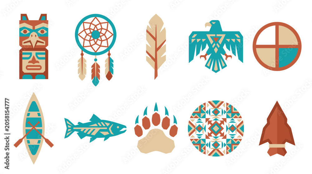 Fototapeta premium Flat vector icon set featuring traditional indigenous and Native American cultural symbols, tribal art, and heritage elements, ideal for creative design projects
