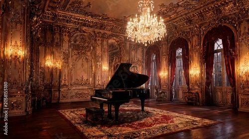 Luxury royal palace hall with majestic architecture, ornate golden details and polished marble floor.