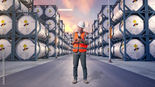 Full Body Of Asian Male Engineer With Safety Helmet Using Smartphone While Standing at Industrial Chemical Tank Container Storage Facility
