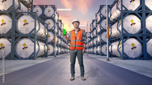 Full Body Of Asian Male Engineer With Safety Helmet Smiling And Showing Green Screen Smartphone To The Camera While Standing at Industrial Chemical Tank Container Storage Facility