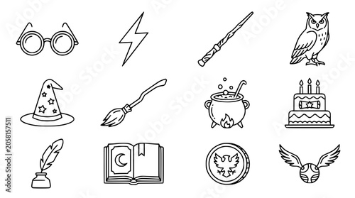 Photography Magic Symbols Collection: Wand, Hat, Glasses, Broom, Owl, Book, Cauldron, Coin,