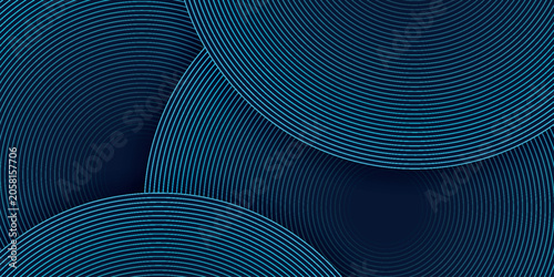 Abstract dark blue background with overlapping glowing circle lines. 3D background concept with shadow effect and modern curved twisting lines. Vector eps. 2
