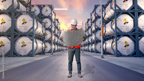 Full Body Of Asian Male Engineer With Safety Helmet Looking At Blueprint In His Hands And Looking Around While Standing at Industrial Chemical Tank Container Storage Facility