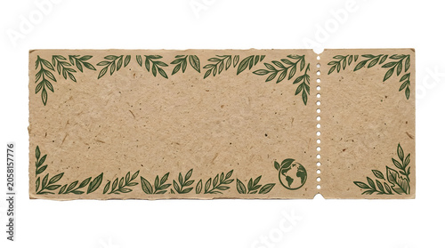 Eco-friendly kraft paper ticket, recycled cardboard coupon with leaf border, organic event pass