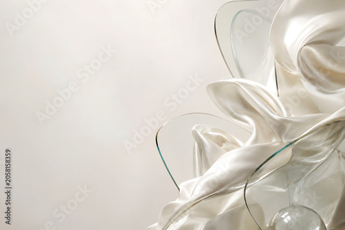 Abstract composition of flowing white satin fabric and transparent glass elements.