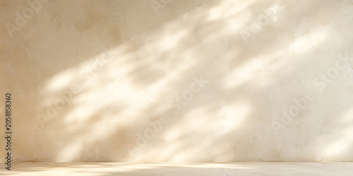 Minimalist beige wall backdrop with soft natural leaf shadow overlays.