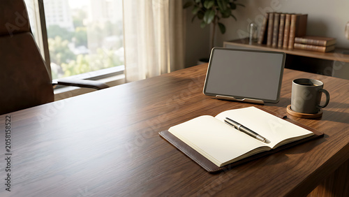 Executive desk with tablet, open notebook, pen and coffee, blurred office background.