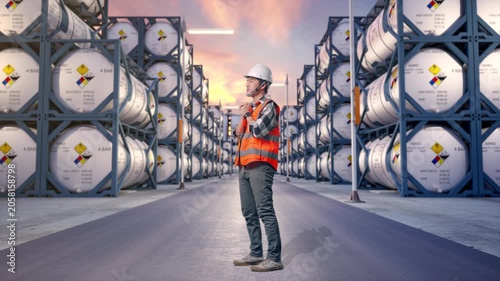 Full Body Side View Of Asian Male Engineer With Safety Helmet Pray For Something While Standing at Industrial Chemical Tank Container Storage Facility