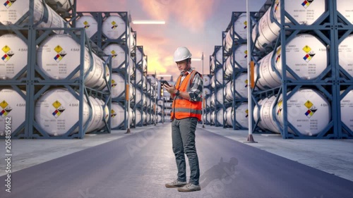 Full Body Side View Of Asian Male Engineer With Safety Helmet Using Smartphone While Standing at Industrial Chemical Tank Container Storage Facility