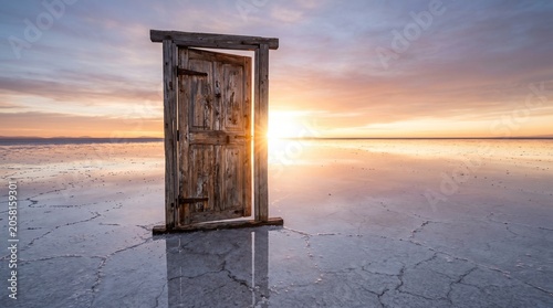 A rustic wooden door standing alone on a vast, cracked salt flat at sunset with warm, orange hues and a serene landscape.