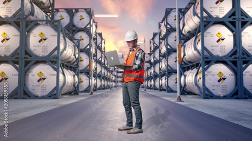 Full Body Side View Of Asian Male Engineer With Safety Helmet Working On A Laptop While Standing at Industrial Chemical Tank Container Storage Facility