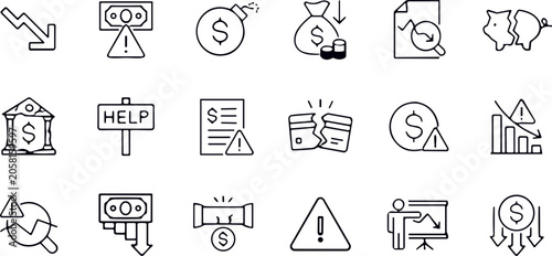 Bild auf Leinwand Economic Crisis and Financial Bankruptcy Line Icon Set for Money Loss Inflation