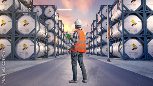 Full Body Back View Of Asian Male Engineer With Safety Helmet Working On A Green Screen Smartphone And Looking Around While Standing at Industrial Chemical Tank Container Storage Facility