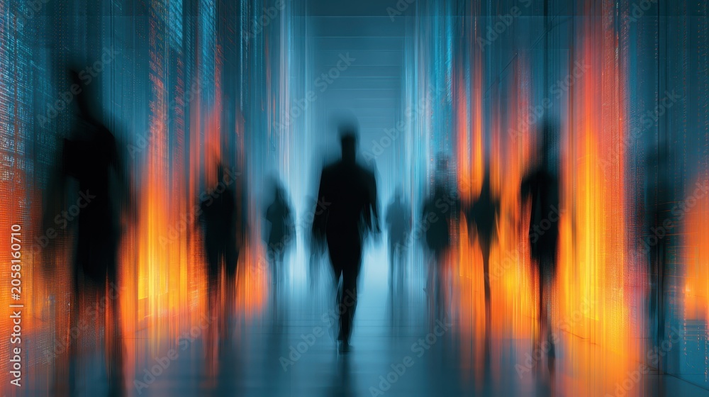 Naklejka premium Wide-angle shot of a group of blurred business people walking through a transparent hallway that projects vertical columns of real-time global stock and connectivity data. Dynamic and modern