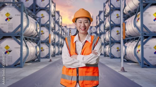 Asian Female Engineer With Safety Helmet Crossing Her Arms And Smiling To Camera While Standing at Industrial Chemical Tank Container Storage Facility