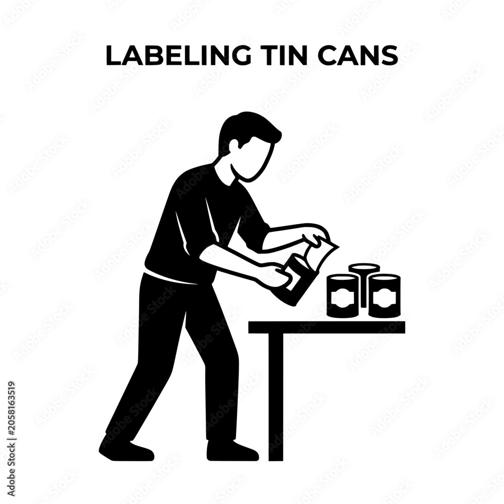 Naklejka premium Person Labeling Tin Cans at Table for Packaging Process.