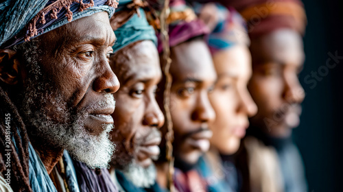 Multi-generational portrait of diverse Black individuals in profile. Concept of heritage, identity, unity, culture, diversity, inclusion and community strength. black history month.