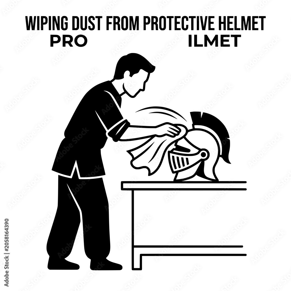 Naklejka premium Person Wiping Dust from Protective Helmet Using Cloth.