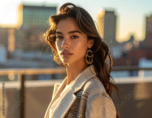 A young woman with long brown hair standing on a rooftop (6)