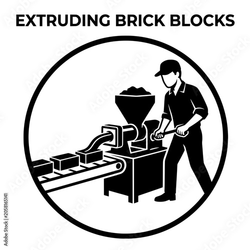 Worker Operating Extruding Brick Blocks Machine in Factory.