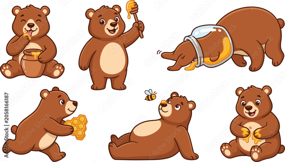 Fototapeta premium Cute grizzly bear cartoon character vector set with brown cub eating sweet honey from pot honeycomb glass jar sticker icon